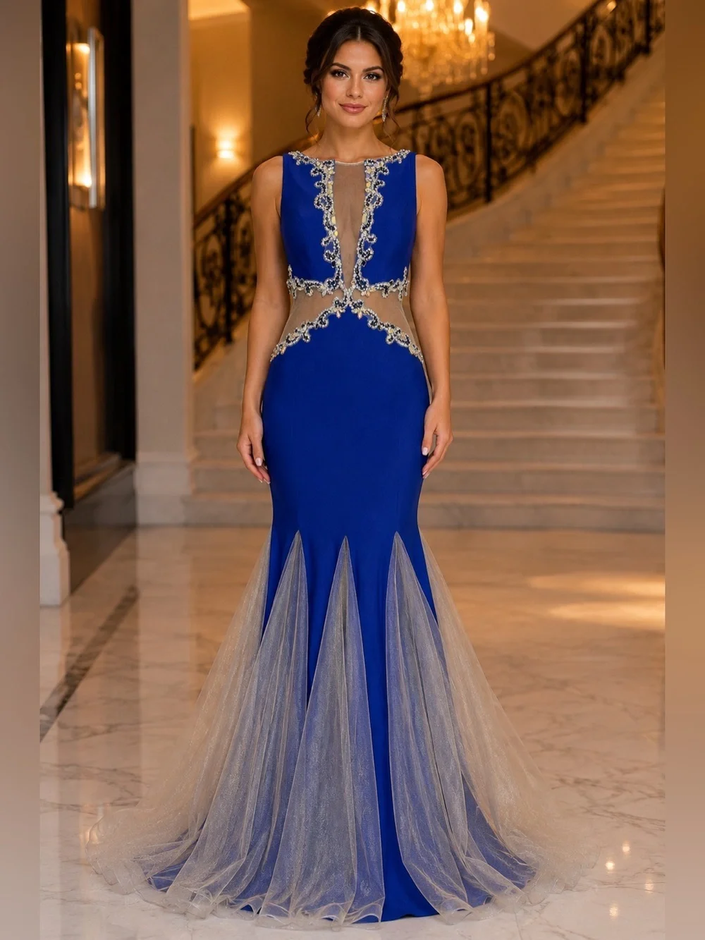 Dave & Johnny Royal Blue Crystal Beaded Illusion Mermaid Gown Size 10